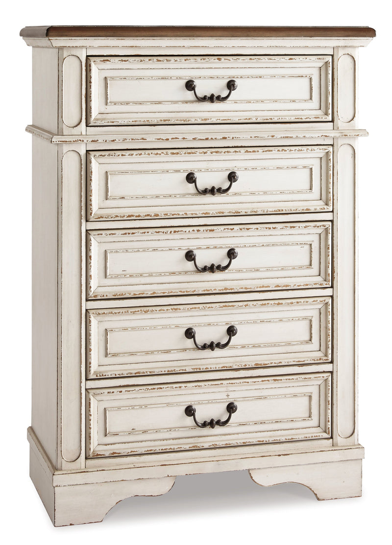 Realyn Twin Panel Bed with Mirrored Dresser, Chest and 2 Nightstands in Chipped White from Ashley - Lara Furniture