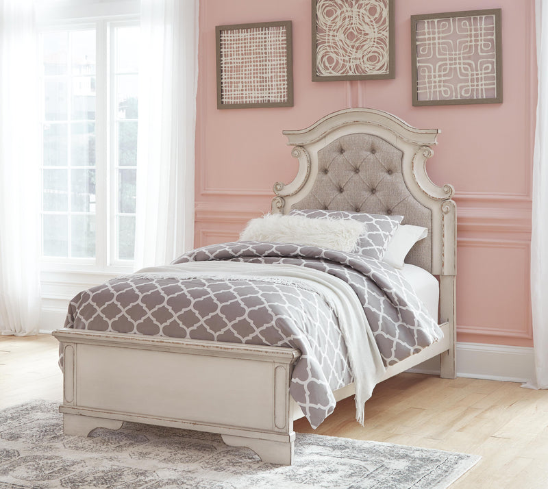 Realyn Twin Upholstered Panel Bed, Chest, Vanity and Nightstand - B743B99