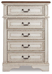 Realyn Two-tone Full Upholstered Panel Bed, Dresser, Mirror, Chest and 2 Nightstands - B743B77