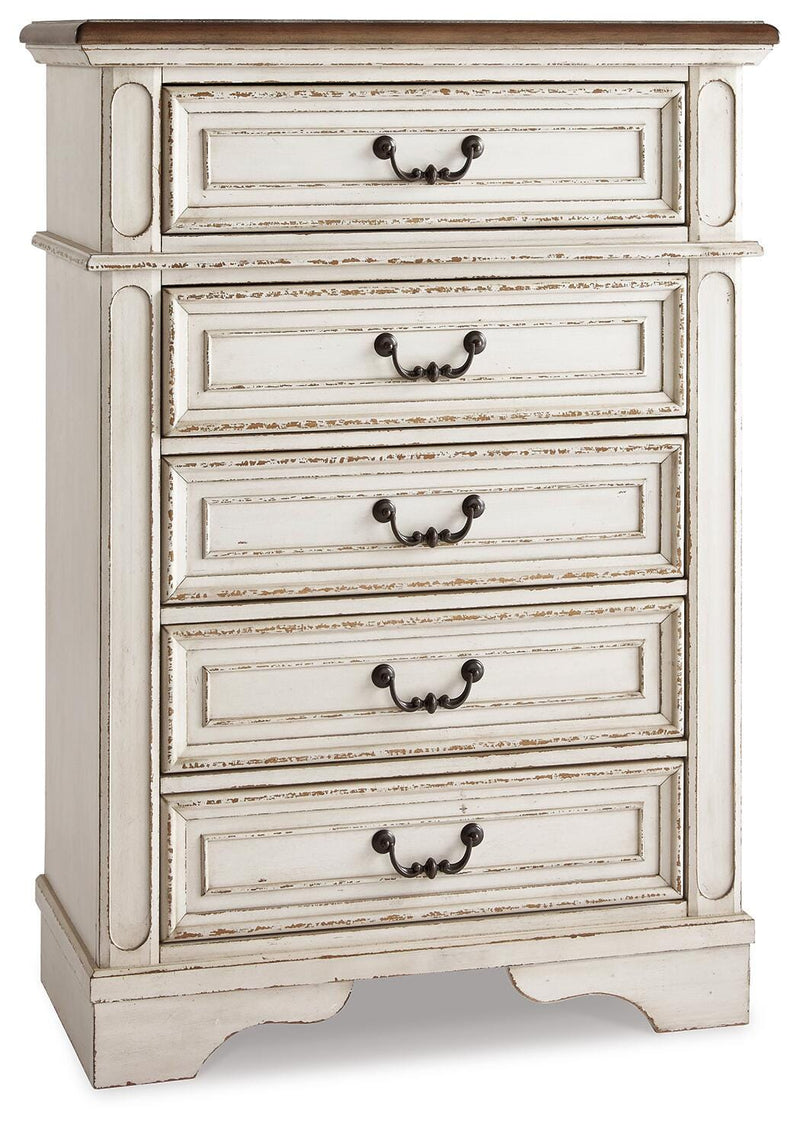 Realyn Two-tone Full Upholstered Panel Bed, Dresser, Mirror, Chest and 2 Nightstands - B743B77
