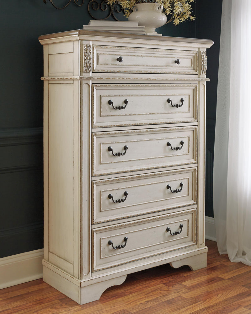 Realyn Two-tone King Panel Bed, Dresser, Mirror, Chest, Vanity and Nightstand - B743B58