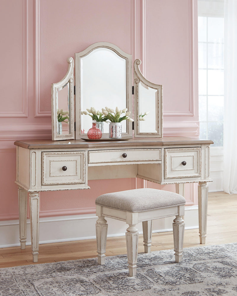 Realyn Two-tone King Panel Bed, Dresser, Mirror, Chest, Vanity and Nightstand - B743B58