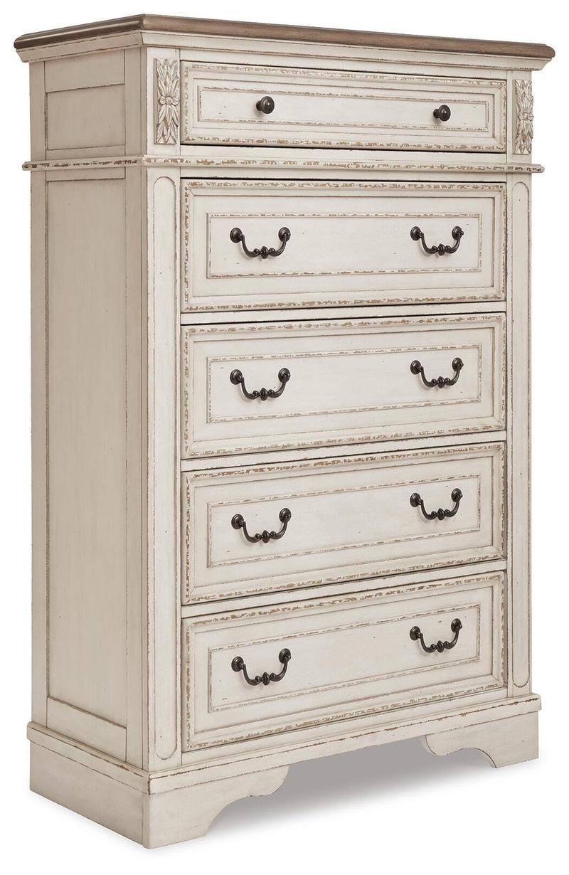 Realyn Two-tone King Panel Bed, Dresser, Mirror, Chest, Vanity and Nightstand - B743B58
