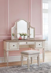 Realyn Two-tone King Panel Bed, Vanity, Chest and 2 Nightstands - B743B73