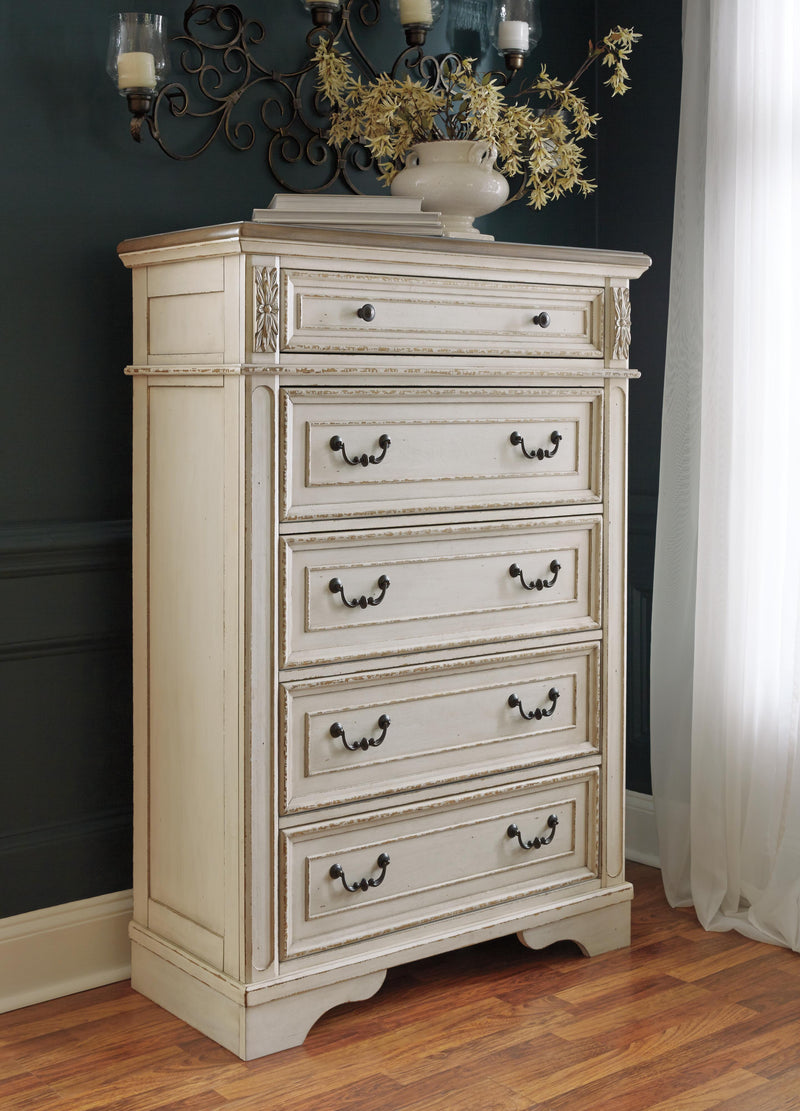 Realyn Two-tone King Storage Bed, Dresser, Chest and 2 Nightstands - B743B69