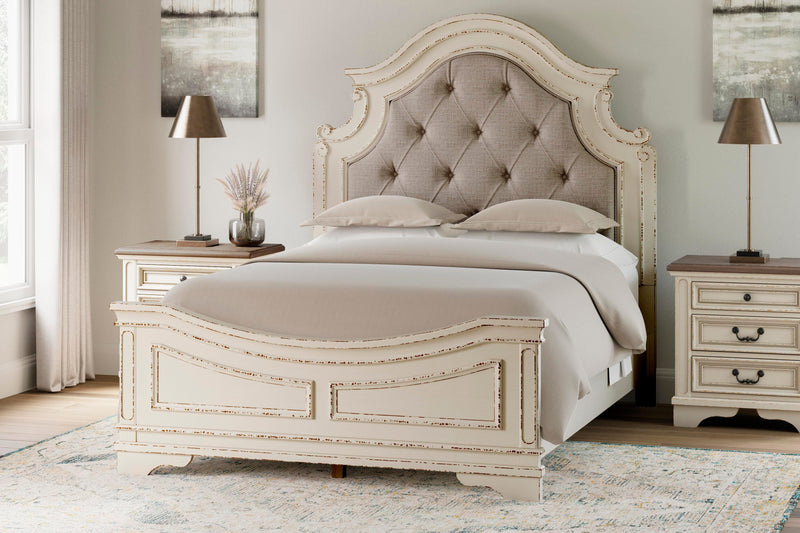 Realyn Two-tone Queen Panel Bed, Dresser, Mirror and Vanity - B743B86