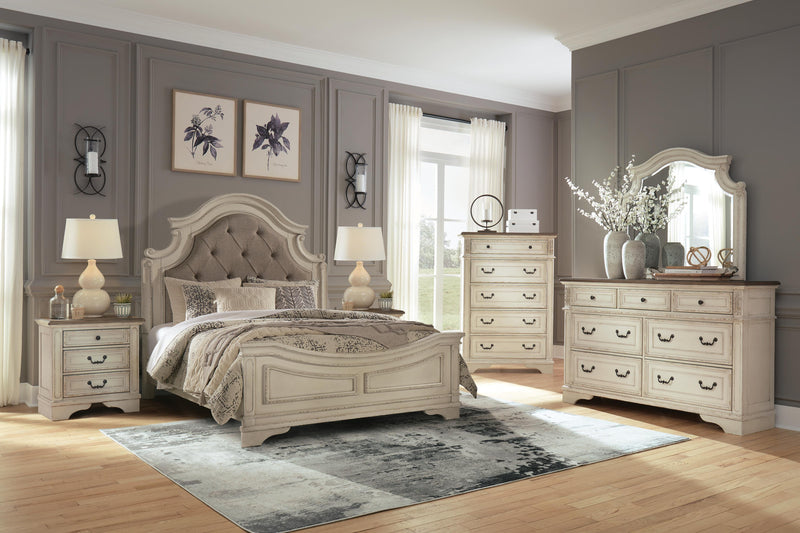 Realyn Two-tone Queen Upholstered Panel Bed, Dresser, Mirror, Chest and 2 Nightstands - B743B61