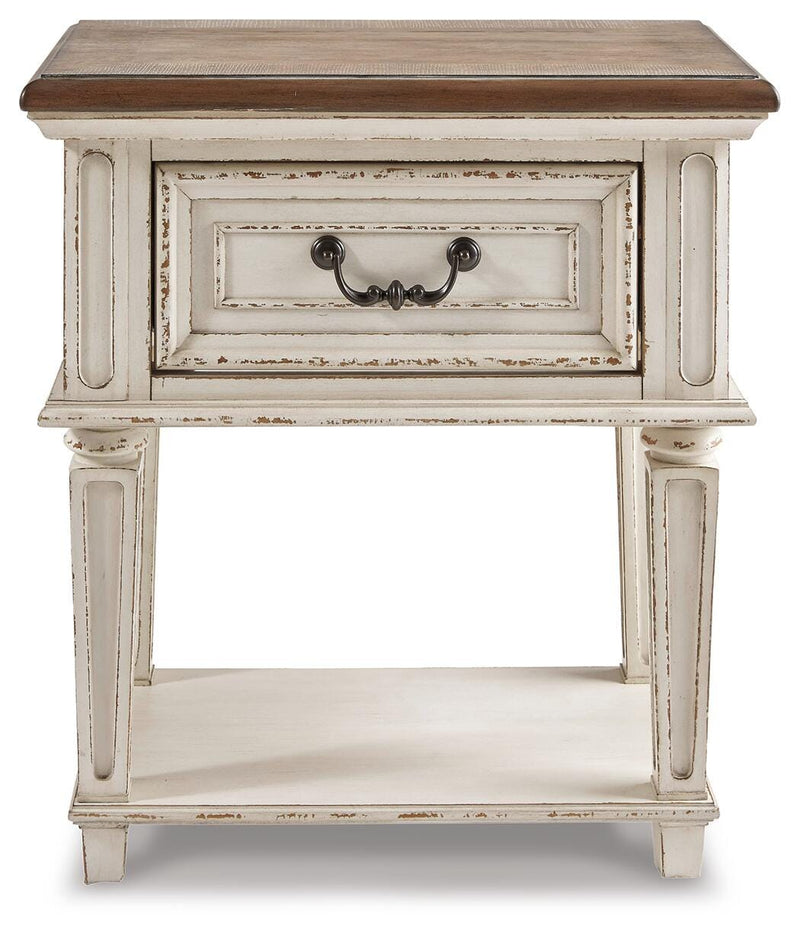 Realyn Two-tone Queen Upholstered Sleigh Bed, Dresser and 2 Nightstands - B743B84