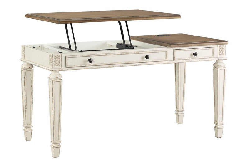 Realyn White/Brown Home Office Lift Top Desk - Lara FurnitureOffice Desks