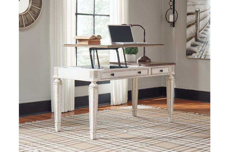 Realyn White/Brown Home Office Lift Top Desk - Lara FurnitureOffice Desks