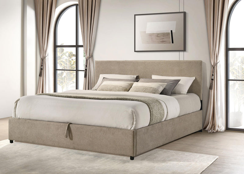 Reeves Upholstered Eastern King Lift-Top Storage Platform Bed Tan - 315918TANKE