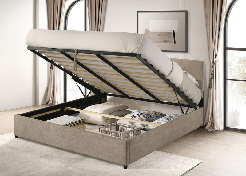Reeves Upholstered Eastern King Lift-Top Storage Platform Bed Tan - 315918TANKE