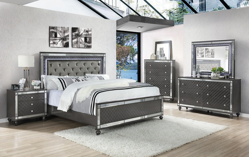 Refino Gray Queen LED Upholstered Panel Bed - Lara FurnitureQueen Bed