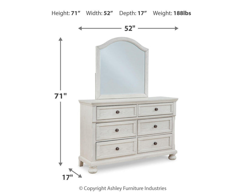 Robbinsdale Antique White Full Storage Sleigh Bed, Dresser, Mirror, Chest and Nightstand - B742B42