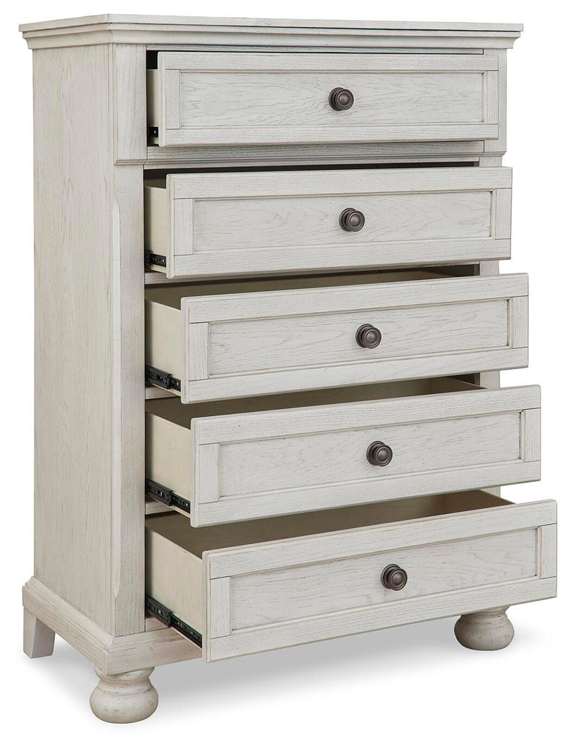 Robbinsdale Antique White Full Storage Sleigh Bed, Dresser, Mirror, Chest and Nightstand - B742B42