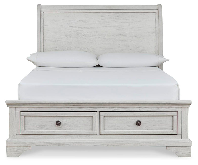 Robbinsdale Antique White Full Storage Sleigh Bed, Dresser, Mirror, Chest and Nightstand - B742B42