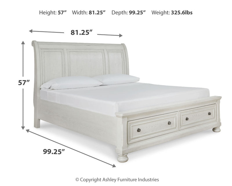 Robbinsdale California King Sleigh Bed with Storage with Mirrored Dresser in Antique White from Ashley - Lara Furniture