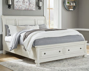 Robbinsdale California King Sleigh Bed with Storage with Mirrored Dresser in Antique White from Ashley - Lara Furniture