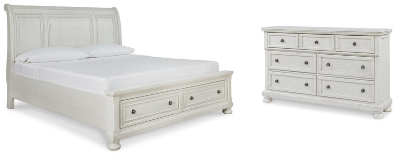 Robbinsdale California King Sleigh Bed with Storage with Mirrored Dresser in Antique White from Ashley - Lara Furniture