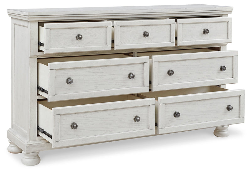 Robbinsdale California King Sleigh Bed with Storage with Mirrored Dresser in Antique White from Ashley - Lara Furniture