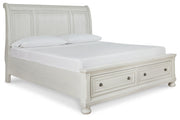 Robbinsdale California King Sleigh Bed with Storage with Mirrored Dresser in Antique White from Ashley - Lara Furniture