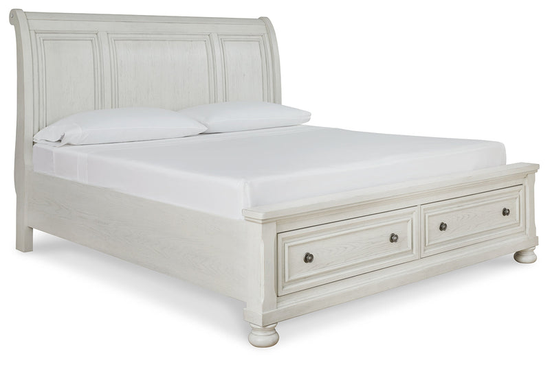 Robbinsdale California King Sleigh Bed with Storage with Mirrored Dresser in Antique White from Ashley - Lara Furniture