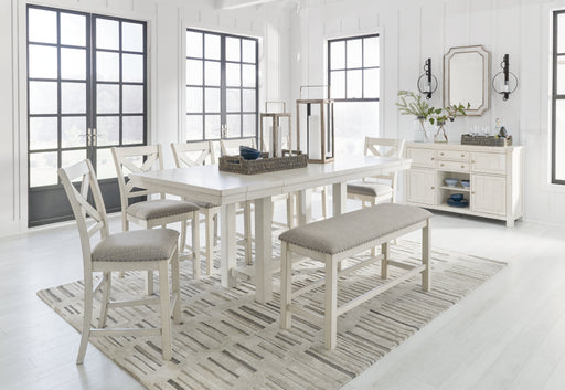 Robbinsdale Antique White Counter Height Dining Table and 6 Barstools and Bench with Storage from Ashley - Lara Furniture