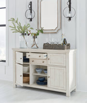 Robbinsdale Antique White Counter Height Dining Table and 6 Barstools and Bench with Storage from Ashley - Lara Furniture