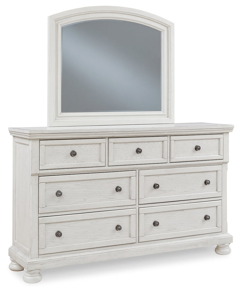 Robbinsdale King Panel Bed with Mirrored Dresser, Chest and Nightstand in Antique White from Ashley - Lara Furniture