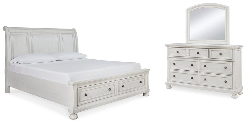 Robbinsdale King Sleigh Bed with Storage with Mirrored Dresser in Antique White from Ashley - Lara Furniture