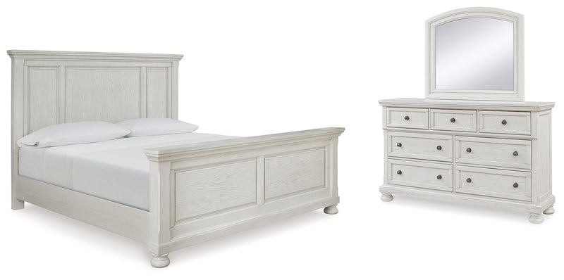 Robbinsdale Queen Panel Bed with Mirrored Dresser in Antique White from Ashley - Lara Furniture