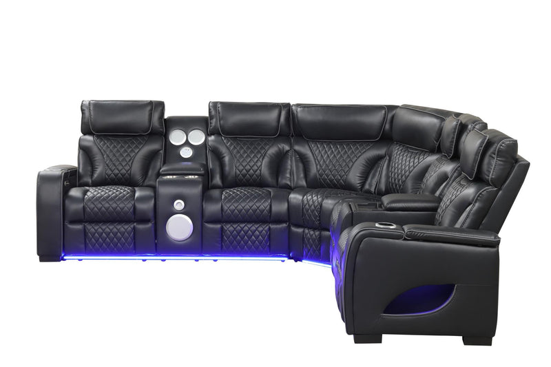 Rock Star - Black Power Recliner Sectional with Power Headrest, Storage Console, Bluetooth Speaker, Subwoofer, Wireless Charger, Pull Out Cup Holder, Storage Armrest, Tube LED Light, Zero Gravity, USB Charger - S395-Sectional