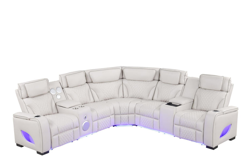 Rock Star - Gray Power Recliner Sectional with Power Headrest, Storage Console, Bluetooth Speaker, Subwoofer, Wireless Charger, Pull Out Cup Holder, Storage Armrest, Tube LED Light, Zero Gravity, USB Charger - S396-Sectional
