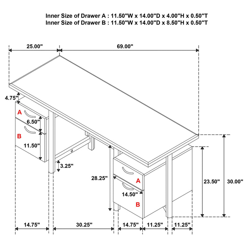 Roldan 69-inch 4-drawer Computer Desk with File Drawer Light Ash - 801115