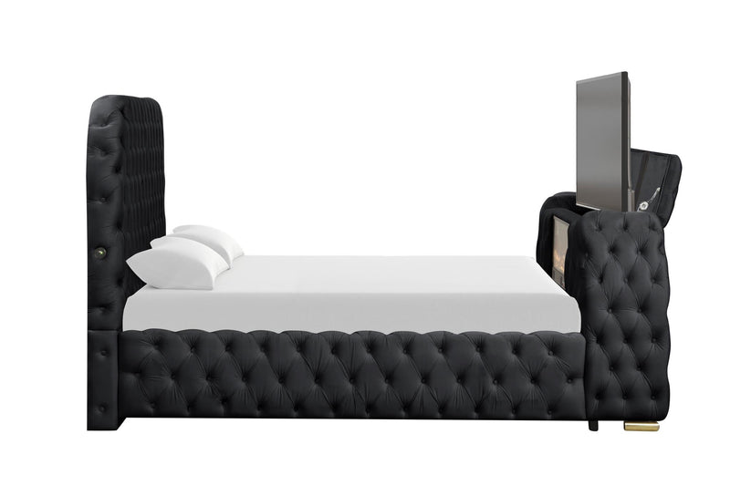 Rose - Black Upholstered Queen Bed with TV Lift, Bluetooth speaker and USB Type C - B140-Q-Bed