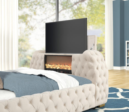 Rose - Cream Upholstered Queen Bed with TV Lift, Bluetooth speaker and USB Type C - B142-Q-Bed