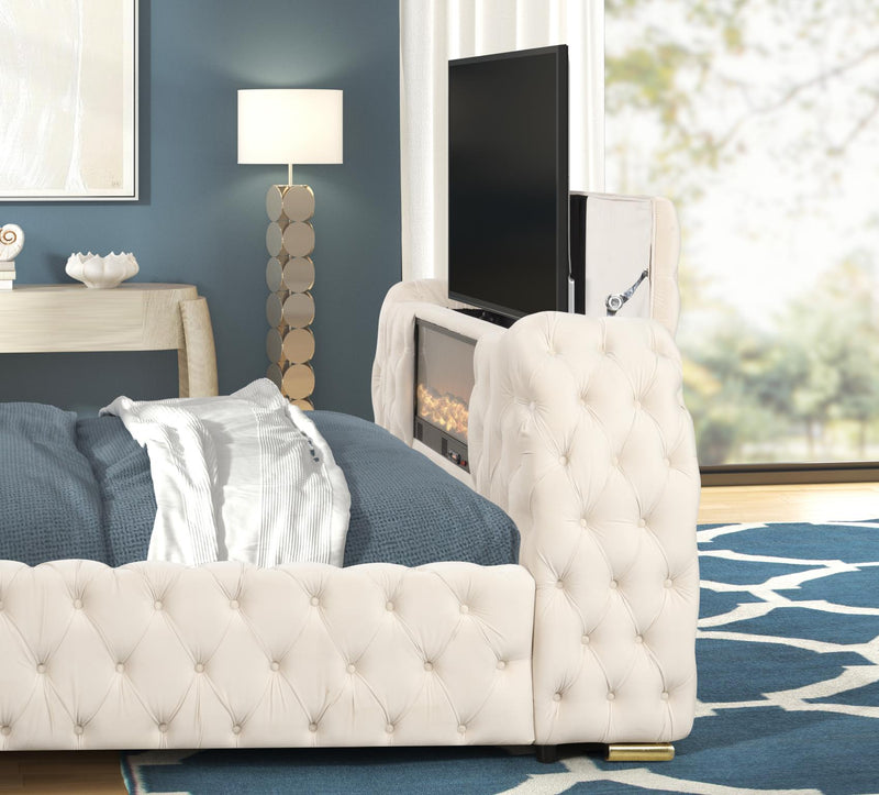 Rose - Cream Upholstered Queen Bed with TV Lift, Bluetooth speaker and USB Type C - B142-Q-Bed