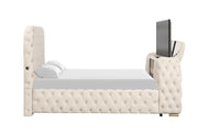 Rose - Cream Upholstered Queen Bed with TV Lift, Bluetooth speaker and USB Type C - B142-Q-Bed