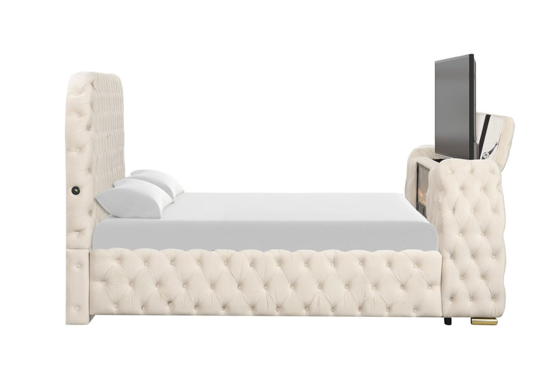 Rose - Cream Upholstered Queen Bed with TV Lift, Bluetooth speaker and USB Type C - B142-Q-Bed