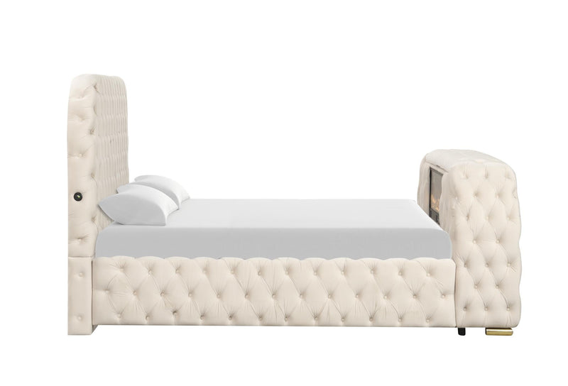 Rose - Cream Upholstered Queen Bed with TV Lift, Bluetooth speaker and USB Type C - B142-Q-Bed