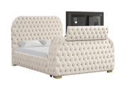 Rose - Cream Upholstered Queen Bed with TV Lift, Bluetooth speaker and USB Type C - B142-Q-Bed