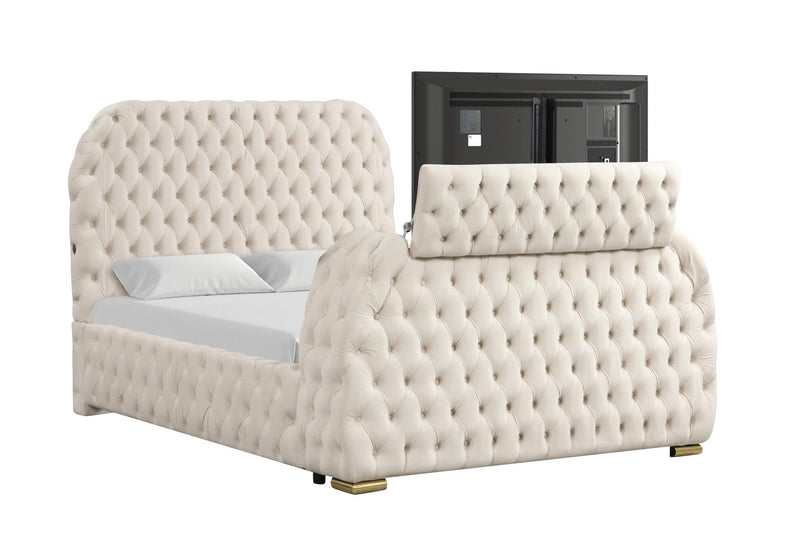 Rose - Cream Upholstered Queen Bed with TV Lift, Bluetooth speaker and USB Type C - B142-Q-Bed