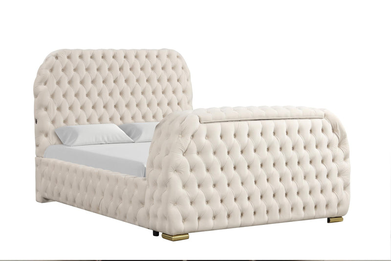 Rose - Cream Upholstered Queen Bed with TV Lift, Bluetooth speaker and USB Type C - B142-Q-Bed