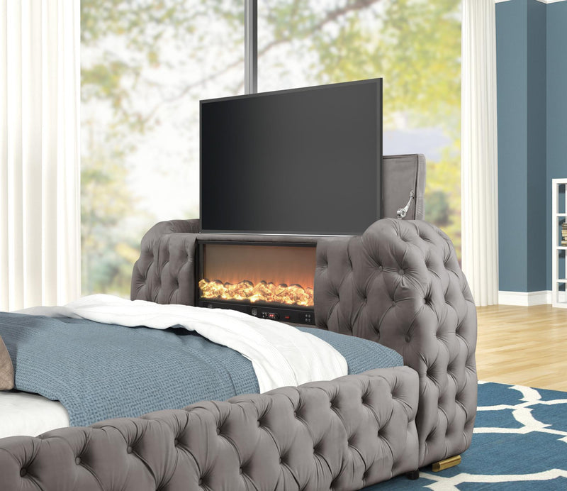 Rose - Gray Upholstered Queen Bed with TV Lift, Bluetooth speaker and USB Type C - B141-Q-Bed
