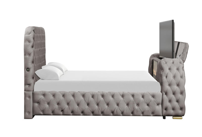 Rose - Gray Upholstered Queen Bed with TV Lift, Bluetooth speaker and USB Type C - B141-Q-Bed
