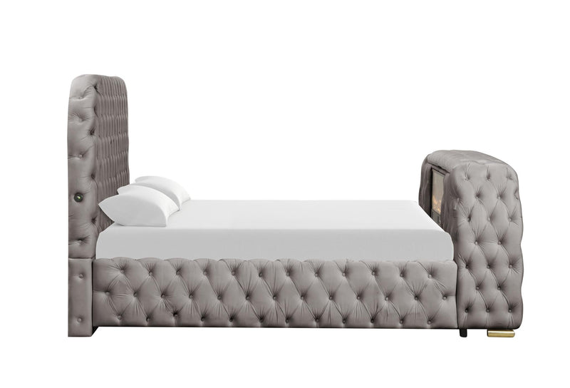 Rose - Gray Upholstered Queen Bed with TV Lift, Bluetooth speaker and USB Type C - B141-Q-Bed