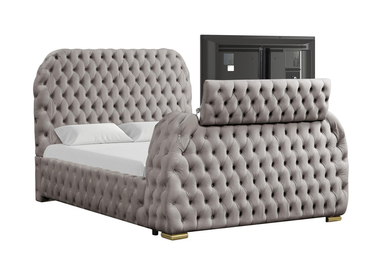 Rose - Gray Upholstered Queen Bed with TV Lift, Bluetooth speaker and USB Type C - B141-Q-Bed
