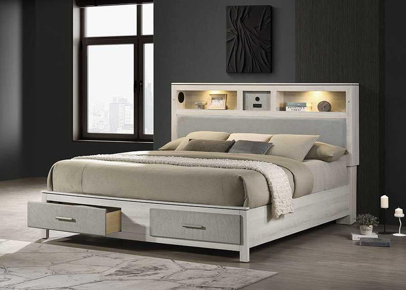 Roswell - Beige Storge King Bed with Upholstered Headboard, LED Light, Bluetooth Speaker, USB Charger - B328-K-Bed