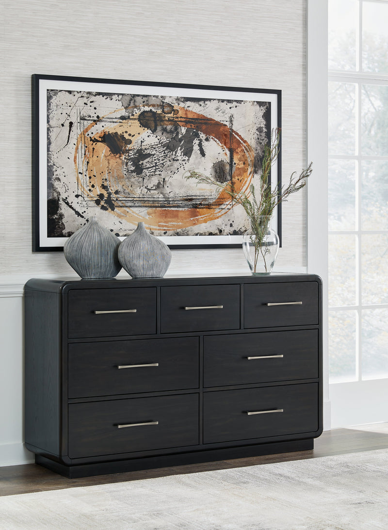 Rowanbeck California King Upholstered Panel Bed with Dresser and 2 Nightstands in Gray/Black from Ashley - Lara Furniture
