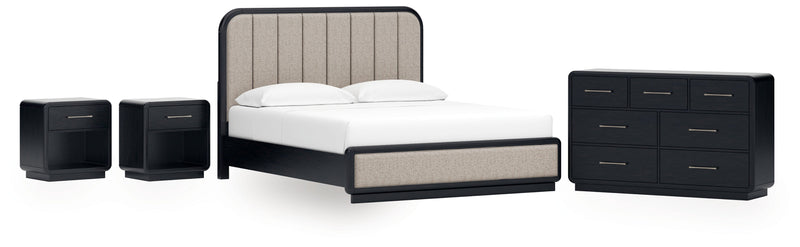 Rowanbeck California King Upholstered Panel Bed with Dresser and 2 Nightstands in Gray/Black from Ashley - Lara Furniture